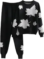 [Generic] Women's Beading Sweater 2 Piece Sets Leaf Graphic Knitwear Tops High Waist Knit Harem Jogger Pants Matcing Sets