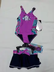 ZeroXposur Girl's One-Piece Swimsuit & Skirt W/Goggle - Size 4