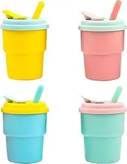 JZS Reusable Wheat Straw Cups with Lids & Silicone Straws, 10 Oz, Chip-Resistant Eco-Friendly Water Cups, Set of 4 Colors