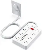 Power Strip with USB,Surge Protector Flat Plug 8 Widely 5FT, White