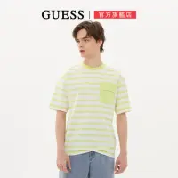 在飛比找momo購物網優惠-【GUESS】男裝-經典條紋口袋短T(綠)