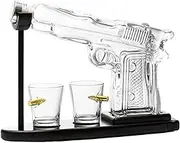 1.2L Whisky or Wine Decanter Glass Pistol Set - 2 Shot Glasses + Wooden Stand