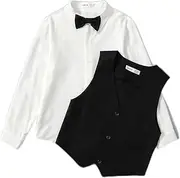 [WowzZa] Boys Button Front Shirt with Bow & Blazer Vest (Color : Black and White, Size : 9Y)