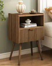 Nightstand,Modern Bedside Table with Storage Drawer and Open Wood Shelf, for Liv