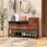 CostwayEntryway Bench with Flip Top Box and 2 Door Cabinets for Hallway Living Room-Rustic Brown