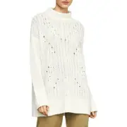 BCBG Merino Wool Blend Eyelet Pullover Sweater Tunic Off White XS 2-4