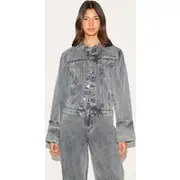 Ice Grey Turn Up Cuff Cinched Back Denim Jacket, Ice Grey