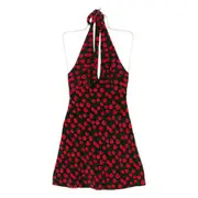 [Staud] Staud Lucca Tomato-print Mini Dress M BLACK/RED