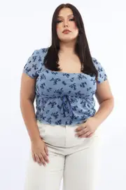 Blue Floral Mesh Top Burn Out Short Sleeve