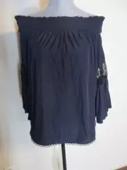 NWT Chico's FAB! Off The Shoulder Blouse with Eyelet Details in Blue 1.5 = 10