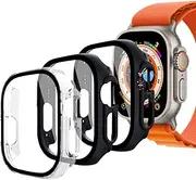 (3 Pack) T Tersely Case Compatible with Apple Watch Ultra 2/Apple Watch Ultra-49mm(2024 2023 2022), Built-in Thin HD Tempered Glass Screen Protector Overall Cover for iwatch Ultra (Clear x1 Black x2)
