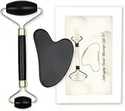 Natural Black Obsidian Gua Sha and Jade Facial Roller Set, Manual Facial Massager and GuaSha Tool, Skin Care Gift(Black)