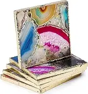 Agate Square Coasters Set of 4, Natural Rainbow Crystal Coaster for Drinks, Geode Square Coasters with Gold Edge, Agate Slice Gemstone Coasters for Home Decor, Agate Coasters for Coffee Table