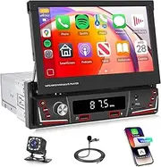 Rimoody Single Din Car Stereo Wireless Carplay Android Auto 7 Inch Touchscreen Flip Out Car Radio Bluetooth FM/AM, USB/TF/Aux, SWC, Voice Control, Backup Camera