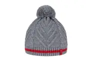 BRBL Merino Wool Blend Pull On BEANIE Hat Knitted Pom Pom - Grey/Red - S