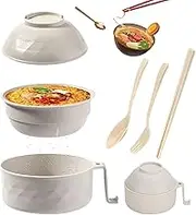 6-Piece Set 32oz Ramen Bowl Set, Quick Ramen Bowl Set, Microwave Ramen Bowl, Ramen Noodles Bowl, Microwave Ramen Cooker, Ramen Noodle Cooker with Lid and Handle, for Home Office Dorm Room (Beige)
