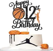 Rsstarxi 1 Pack Happy 12th Birthday Cake Topper Black Glitter Basketball Sports Cake Pick Cheers to 12 Years Cake Decorations for Basketball Theme Birthday Party Supplies