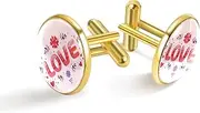 [Generic] Pink Flower Love Heart Shaped Pattern Print Classic Stainless Steel Cufflinks for Mens, Suit Shirt Cuff Links Jewelry Business Wedding Gifts, Golden