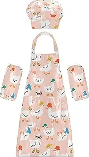 AIXIWAWA Kids Apron Chef Hat Set, Child Kitchen Bib Aprons Adjustable for Cooking Baking Painting (Cute Ducks)