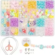 Girls Bracelet Jewelry Making Kit Beads, 400+ Pieces Various Shapes and Colorful Colors, Crystal Bunny Series Transparent Frosted Beads, Kids Handmade Beads Comes With Jewelry Making Tools Accessories