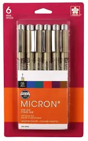 Sakura Pigma Micron Pens 05 .45mm 6/Pkg-Black, Blue, Green, Red, Purple & Brown