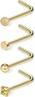 [Ruifan] 20G Surgical Steel Flat Ball Diamond CZ Nose Stud Rings L Shaped Piercing Jewelry 4PCS