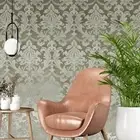 Brown rust silver metallic matt beige Acanthus Leaves damask Victorian wallpaper