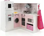 HONEY JOY Kids Corner Kitchen Playset, Wooden Pretend Play Kitchen Toy Set w/Realistic Light & Sound, Washing Machine, Microwave, Oven, Stove, Ice Cube Dispenser, Utensils, Sink, Apron, Chef Hat-Pink