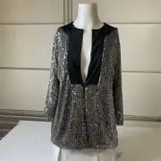 JULIAN CHANG 3/4 Sleeve Sequins Aras Jacket Women's Size S Silver