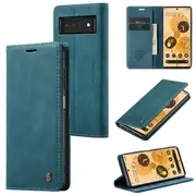 For Google Pixel 6A Caseme Case RFID Blocking Retro Flip Premium Leather Card Holder Wallet Cover – (Cyan Blue)
