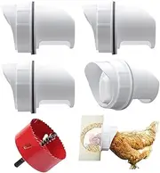 Chicken Feeder Kit, No Waste Waterproof Automatic Poultry Feeder 4 Ports 1 Hole Saw with Covers for Buckets, Bins, Troughs