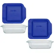 Pyrex (2)222-SC Sculpted 8in Clear Glass Baking Dishes & (2)222-PC 2qt Blue Lids