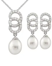 Splendid Pearls Silver 7-8mm Freshwater Pearl & CZ Earrings & Necklace Set Set