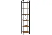 Small 6-Tier Industrial Bookshelf, Rustic Brown, Black