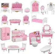 32 Pcs Dollhouse Furniture Set,4 in 1 Dollhouse Accessories and Furniture, Pretend Play Furniture Toys Christmas Birthday for Girls 3Y+ (Pink and White)