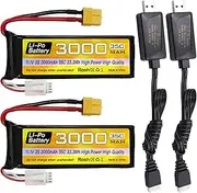Fytoo 2PCS 3S Lipo Battery 11.1V 3000mAh 35C with XT60 Plug and USB Charging Cable Suitable for RC Car, Truck, Remote Control Boat, RC Brushless Quadcopter, FPV Drone Battery