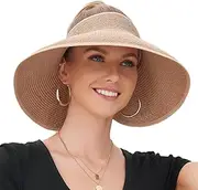 [Eliewai] Women Sun Visors with Roll-Up Ponytail Packable Foldable Wide Brim Straw UV Protection Sun Beach Hats for Women Travel