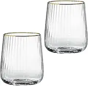 Supercap - Hand Blown Stemless Champagne Glasses with Gold Rim, Drinking Crystal Glasses for Bubbly Wine & Champagne, Vertical Stripe, Clear, 17oz 2pcs