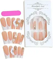 1 Box Press On Nails, French Flower Petals Coffin Stick On Nails, Safe Long Fake Nails with Designs, Acrylic Stick on Nails with Nail Glue & Sanding Rod for Women & Girls