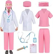 Aoiviss Doctor Costume for Kids Scrubs Pretend Play Kit with Doctor Lab Coat and Stethoscope Halloween Doctor Dress up for Boys Girls, Pink