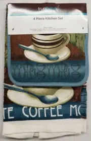 4pc SET: 2 SAME POT HOLDERS & 2 DIFFERENT TOWELS(14 x 24") COFFEE CUP & SPOON,TL