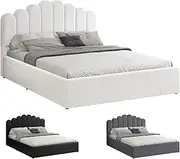 ALFORDSON Bed Frame with Gas Lift Storage Base Double Size, Bed Platform Foundation with Boucle Fabric Upholstered Tufted Headboard for Mattress Topper, Milton Boucle White