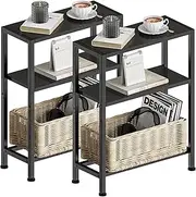 Narrow Side Table, Bedside Table, Set of 2, 3 Shelves, Narrow Bedside Table with Storage Space, Sofa Side Table for Narrow Spaces, for Living Room, Bedroom, Kitchen & Balcony, Study (Black)