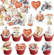 Gyufise 54Pcs Edible Happy Father's Day Cupcake Toppers Wafer Paper Moto Camera Love Dad Cake Toppers Edible Best Dad Ever Cupcake Picks for Father Day Theme Birthday Party Cake Decorations Red