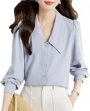 [Generic] Women's Turn Down Collar Long Sleeve Chiffon Shirt Business Casual Button Blouse Formal Shirt