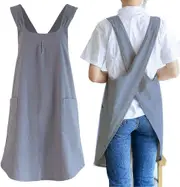 Linen Cross Back Kitchen Cooking Free Tie Apron Women with Pockets - Grey