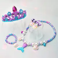 在飛比找蝦皮購物優惠-美人魚皇冠珠寶珠子項鍊套裝女孩公主裝扮套裝服裝兒童頭飾項鍊生