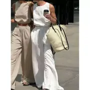 Commense Minimalism Solid Split White Two-Piece Set Wide-Leg Pants Small