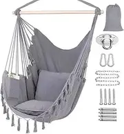 MOTRAIN Hammock Chair Hanging Rope Swing with 2 Seat Cushions, Removable Steel Spreader Bar & Anti-Slip Rings, Soft-Spun Cotton Rope for Indoor/Outdoor Comfort, Grey