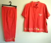 #A Vintage Appagallo Women Shirt-XL Capri Pants-L Set Fruit Sequins Coral